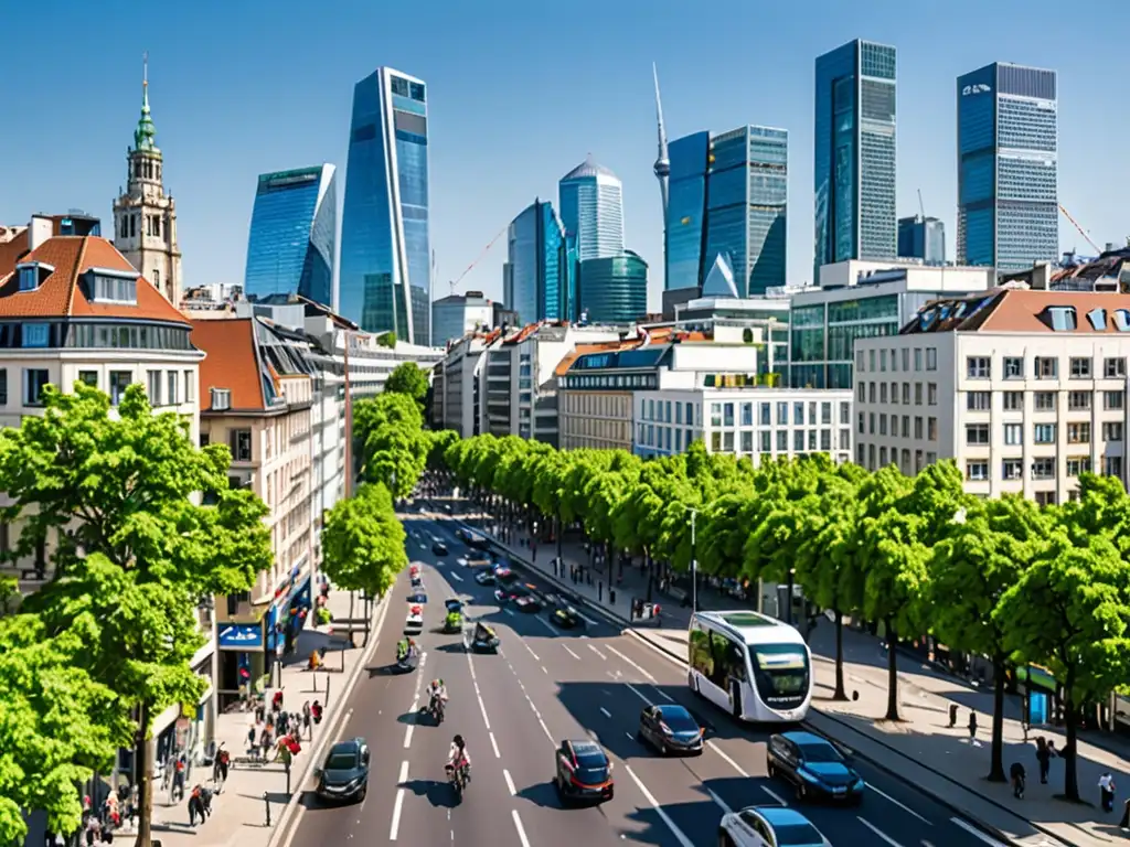 Skyline urbano europeo: aire limpio y desarrollo sostenible Vista de la ciudad europea con aire limpio y desarrollo urbano sostenible gracias a la legislación ambiental europea calidad aire