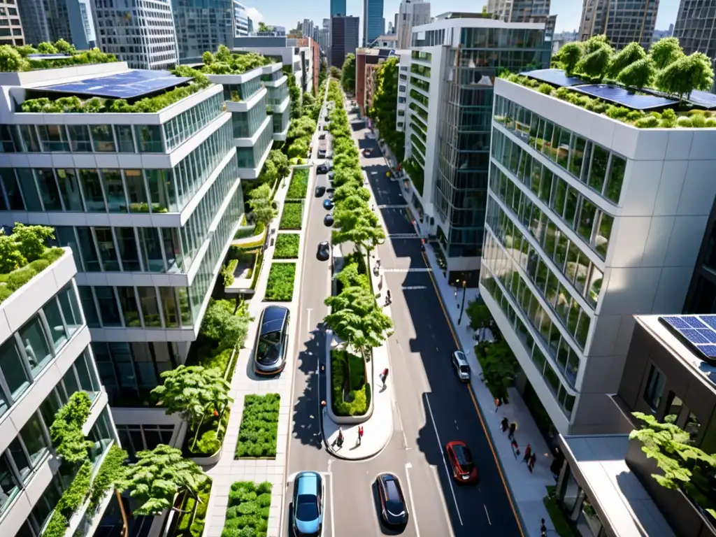 Vista de una ciudad moderna con edificaciones eficientes y energéticas, cumpliendo normativas de eficiencia energética en edificaciones urbanas