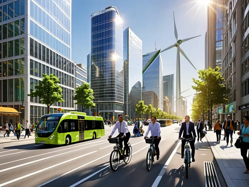 Vista de una ciudad moderna con energía renovable y reformas legislativas transición energética ambiental