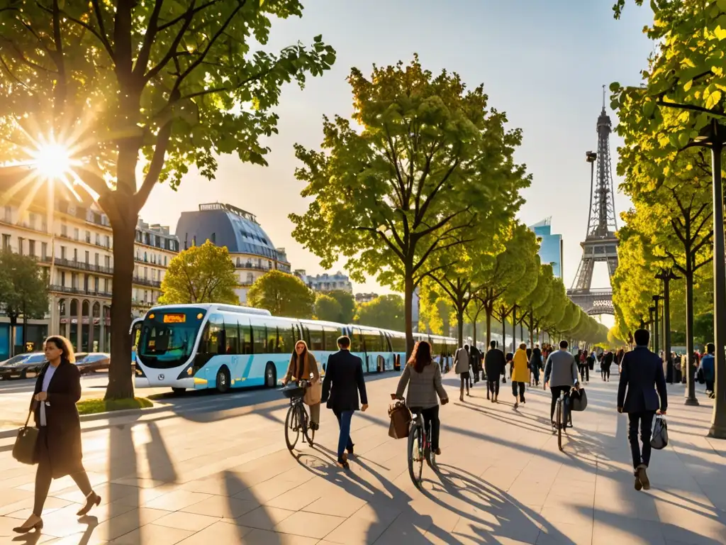 Vista de la ciudad con paneles solares en los techos y una animada actividad urbana