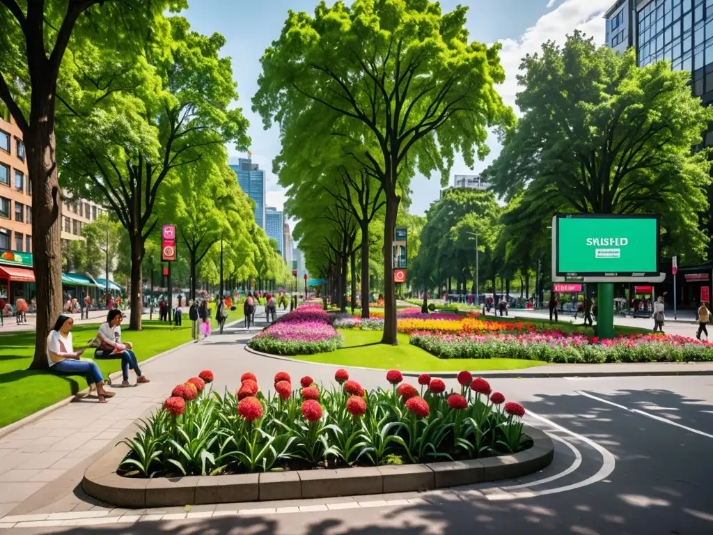 Vista de la ciudad con un parque verde exuberante y concurrido, contrastando con anuncios urbanos