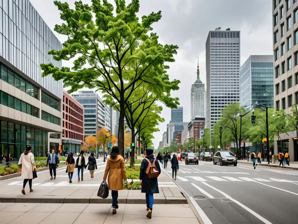 Vista de la ciudad con rascacielos y árboles, reflejando la legislación para ciudades resilientes ante el cambio climático