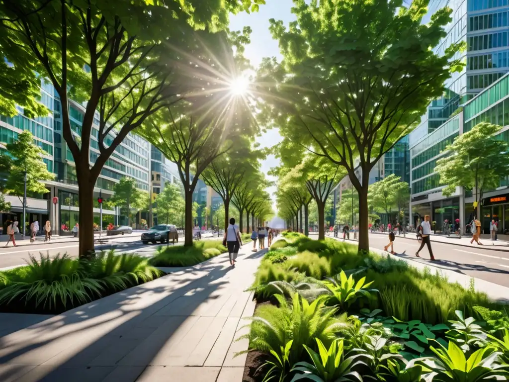 Vista de la ciudad con rascacielos y vegetación, reflejando la integración de la infraestructura urbana y la naturaleza en armonía