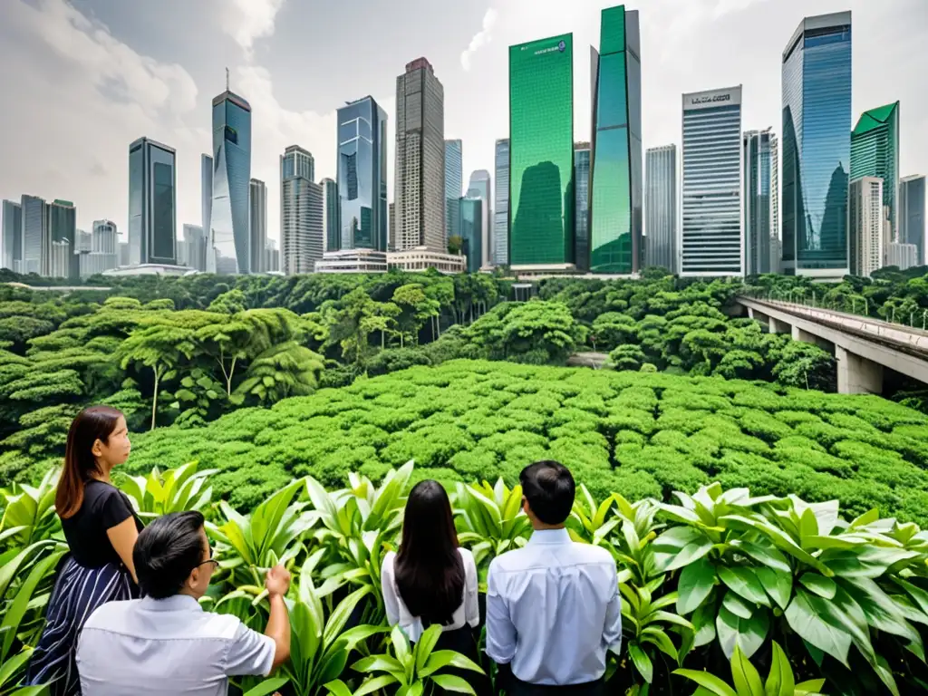 Vista de la ciudad con rascacielos y naturaleza, simbolizando el equilibrio entre inversión extranjera y legislación ambiental