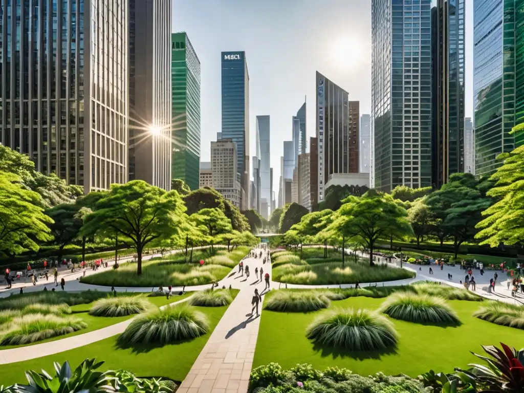 Vista de la ciudad con rascacielos y parque urbano, simbolizando el equilibrio entre desarrollo urbano y conservación ambiental