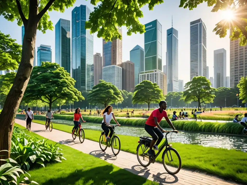 Vista de la ciudad con rascacielos y parque verde, simbolizando la armonía entre desarrollo urbano y conservación ambiental