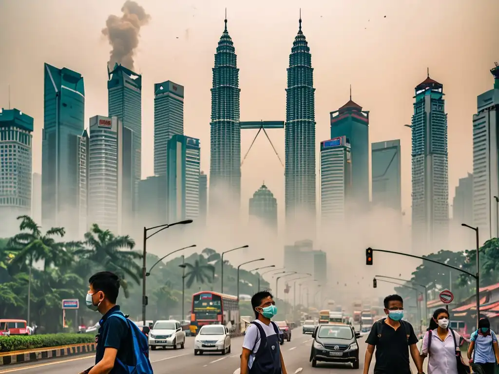 Vista de la ciudad de Malasia con rascacielos, smog y personas usando mascarillas