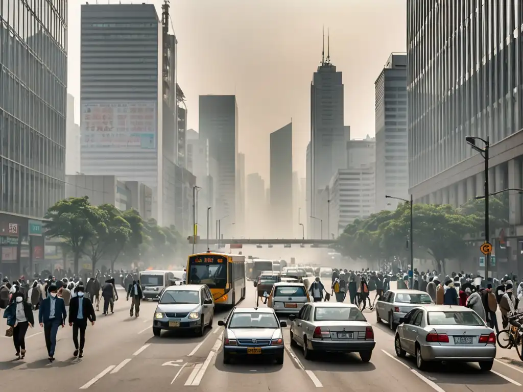 Vista de la ciudad con rascacielos, tráfico y smog