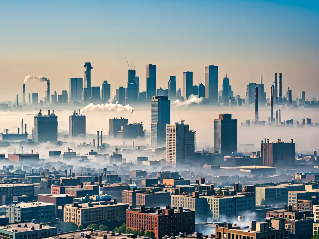 Vista de la ciudad con smog y cielo azul, mostrando el impacto económico de impuestos al carbono