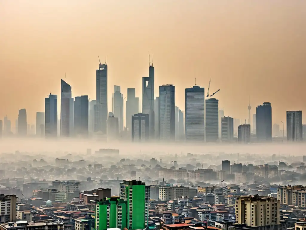 Contaminación en ciudades en desarrollo: impacto ambiental Vista de la ciudad con smog denso, reflejando desafíos en regulación de emisiones en países en desarrollo