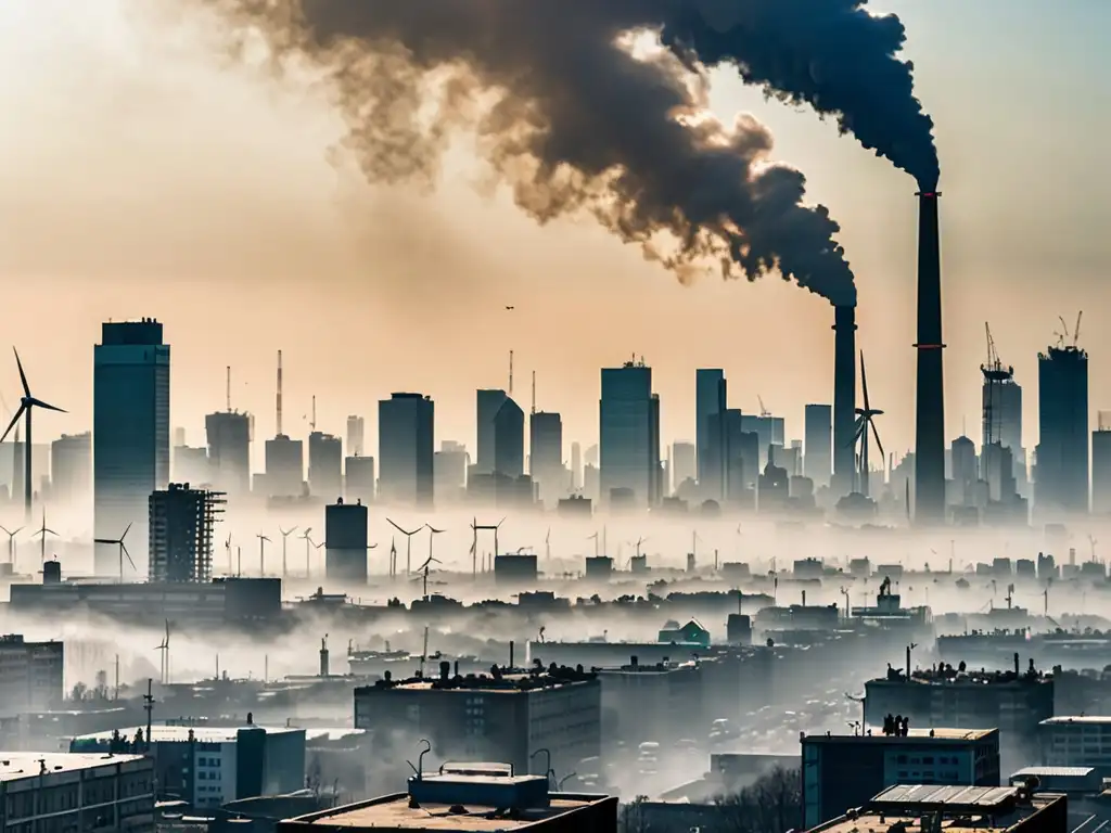 Vista de la ciudad con smog, tráfico y debate sobre estrategias legales de reducción de emisiones y cambio climático