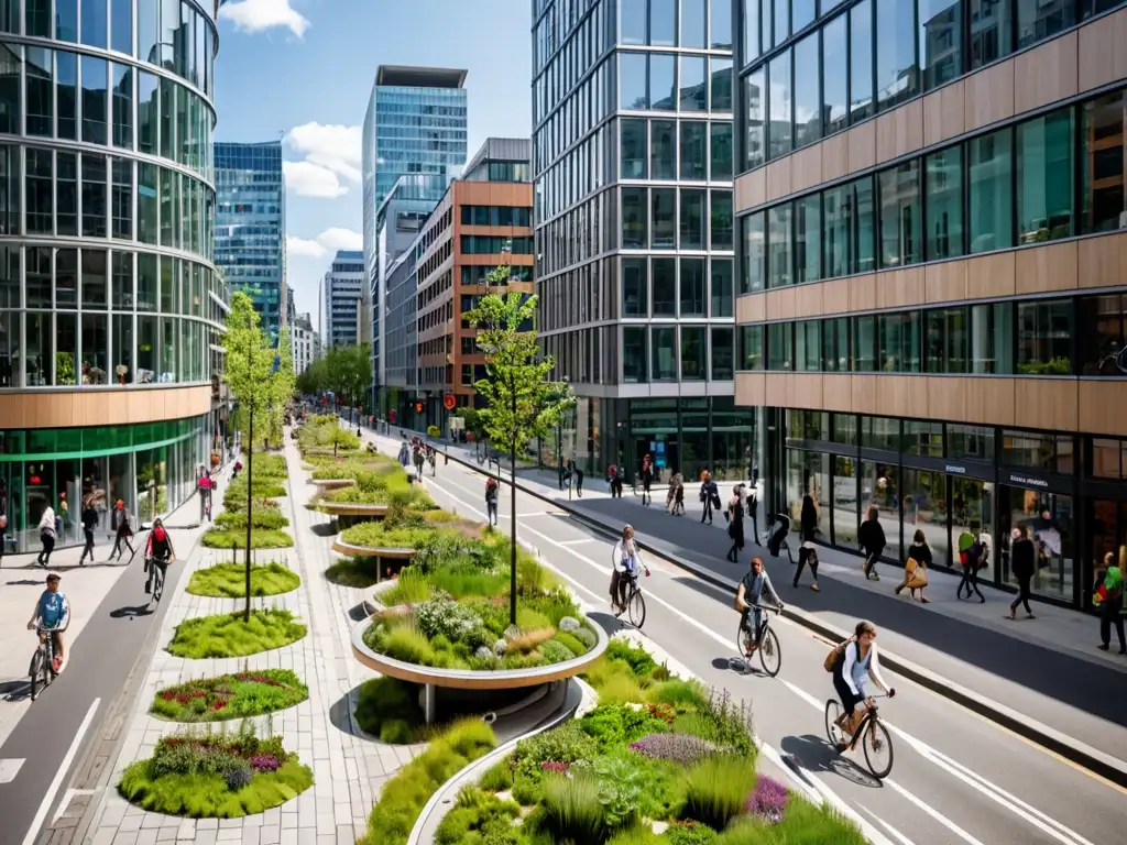 Vista de una ciudad sostenible con claves legales economía circular sostenible: edificios modernos, personas en transporte público y tecnología verde