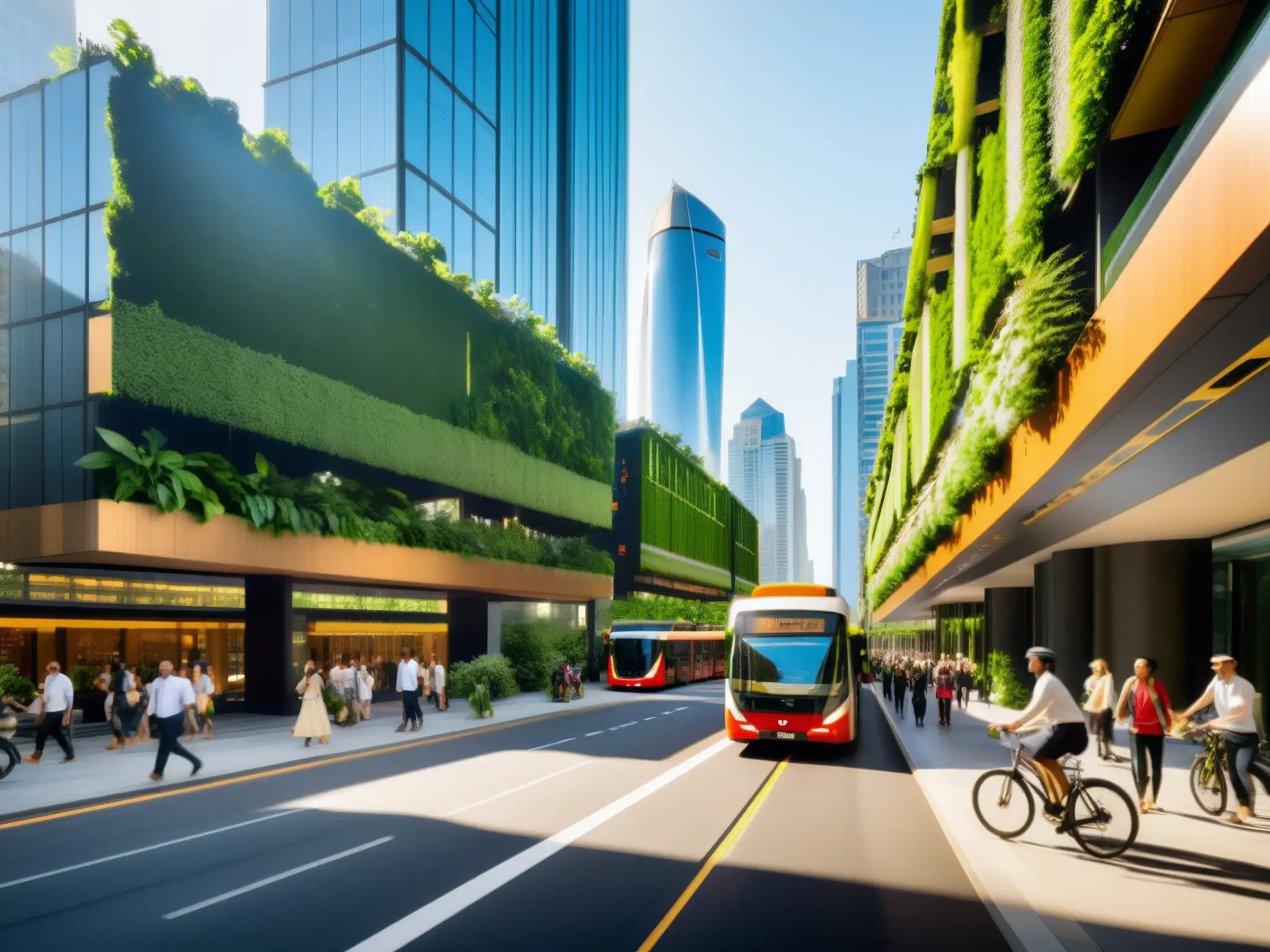 Vista de una ciudad sostenible con jardines verticales, transporte ecoamigable y energía renovable