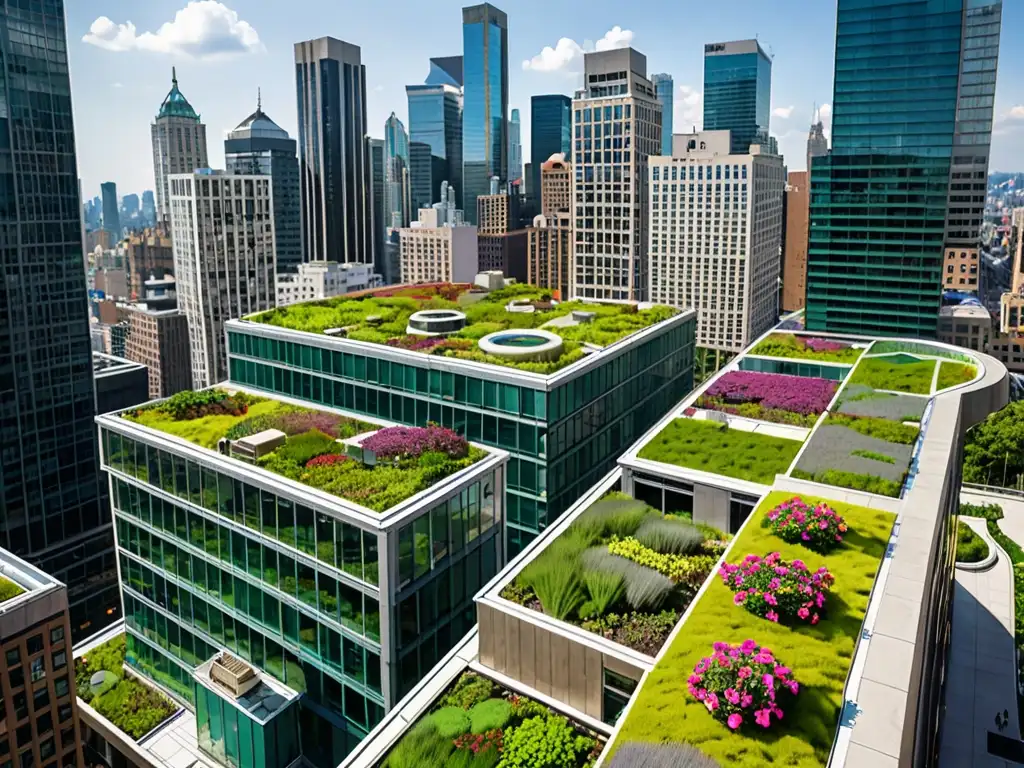 Vista de la ciudad con techos verdes urbanos en armonía con la naturaleza