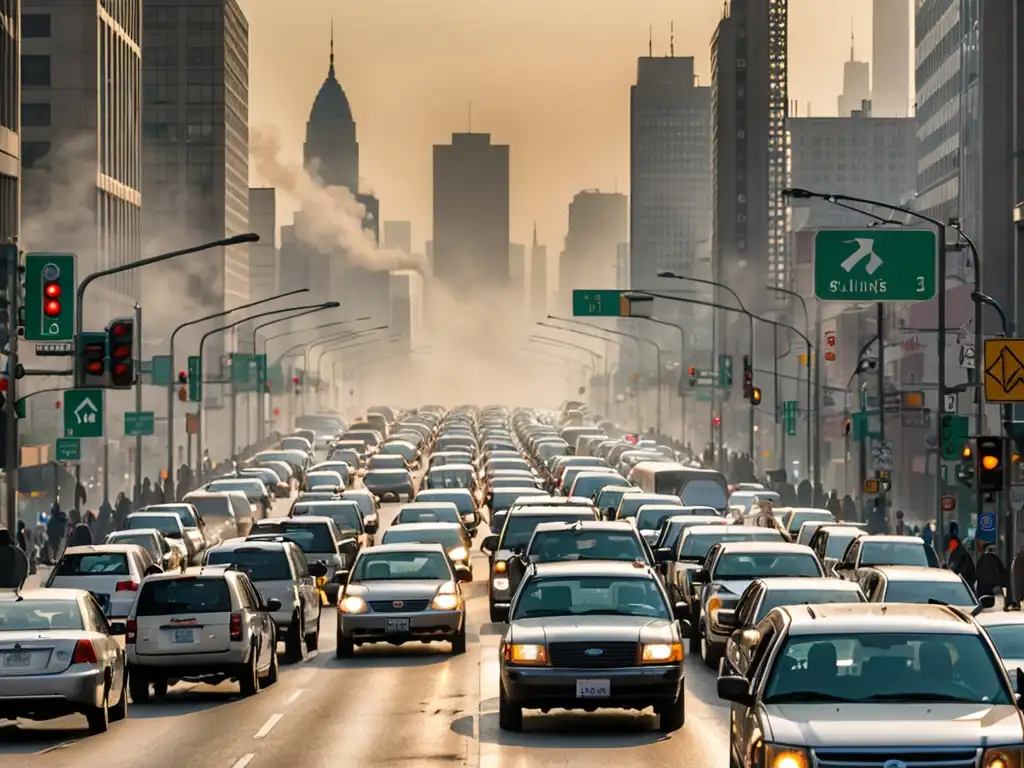 Vista de la ciudad con tráfico denso y contaminación del aire, muestra la urgencia de regulaciones ambientales para mitigar el cambio climático