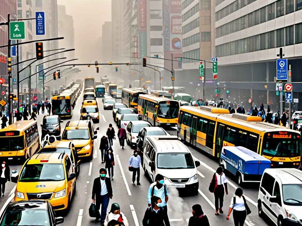 Vista de la ciudad con transporte público y contaminación, impacto global de leyes de emisiones en el transporte