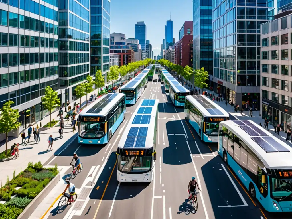 Vista de una ciudad vibrante con transporte eléctrico, edificios sostenibles y ambiente urbano de bajas emisiones