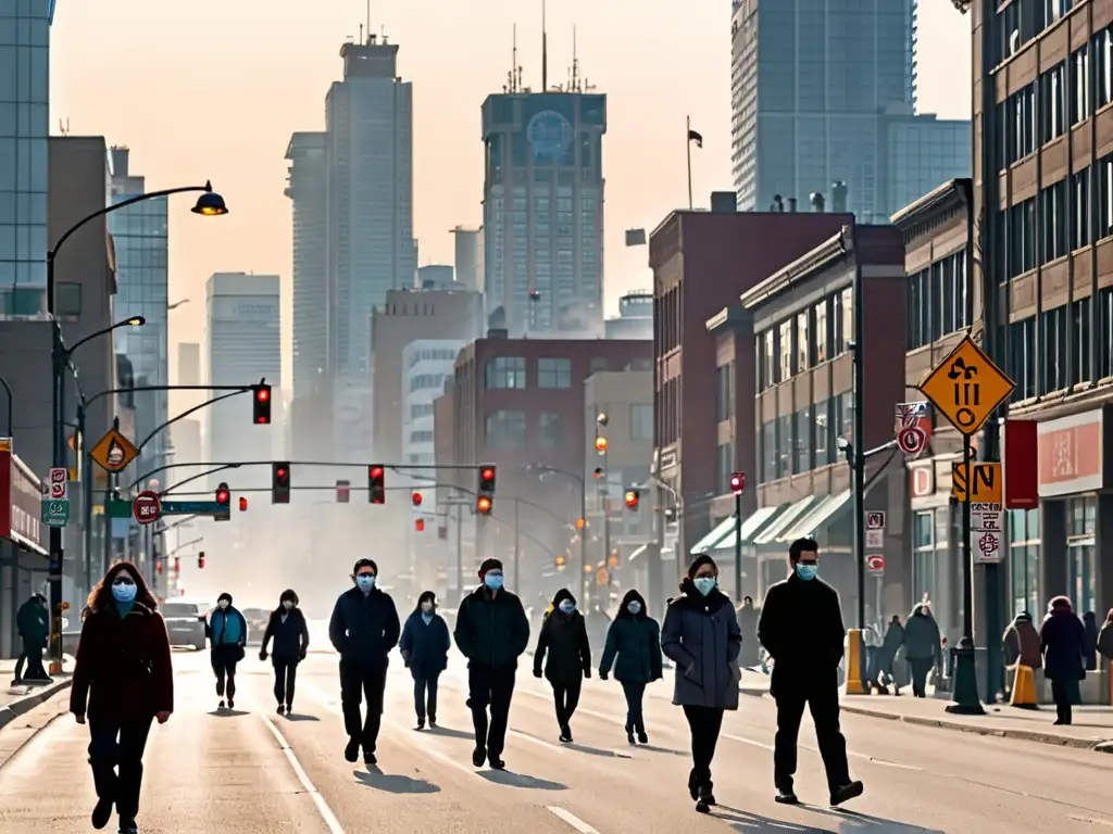 Vista de la contaminación del aire en una ciudad canadiense, con personas usando máscaras