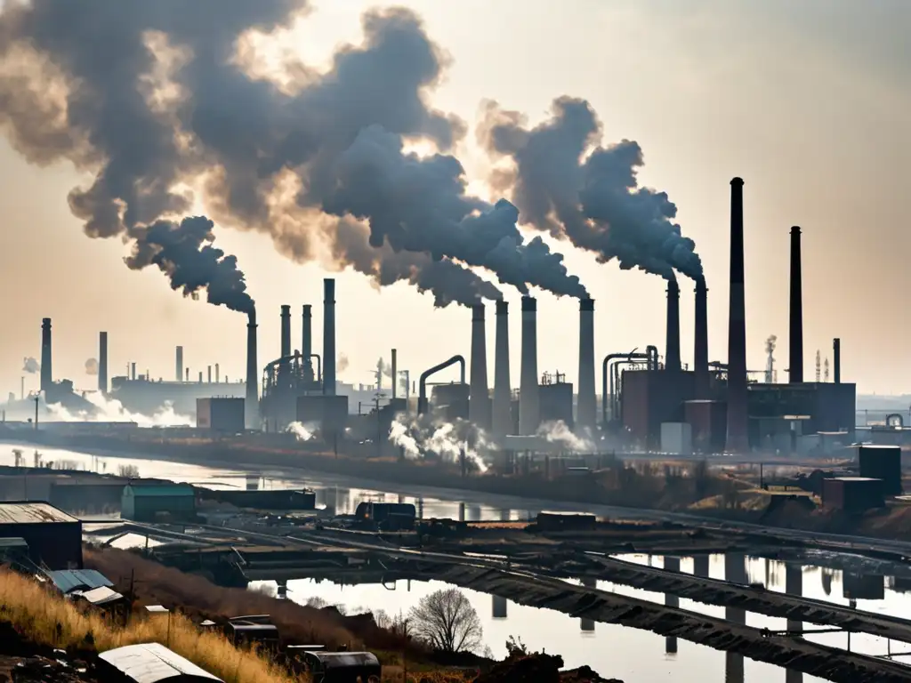 Vista desoladora de una zona industrial con humo denso saliendo de múltiples chimeneas, creando una neblina sobre el paisaje