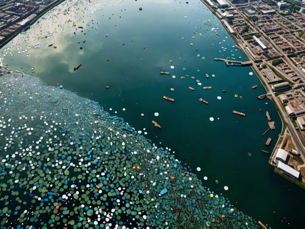 Vista detallada de agua contaminada con microplásticos, vida acuática luchando