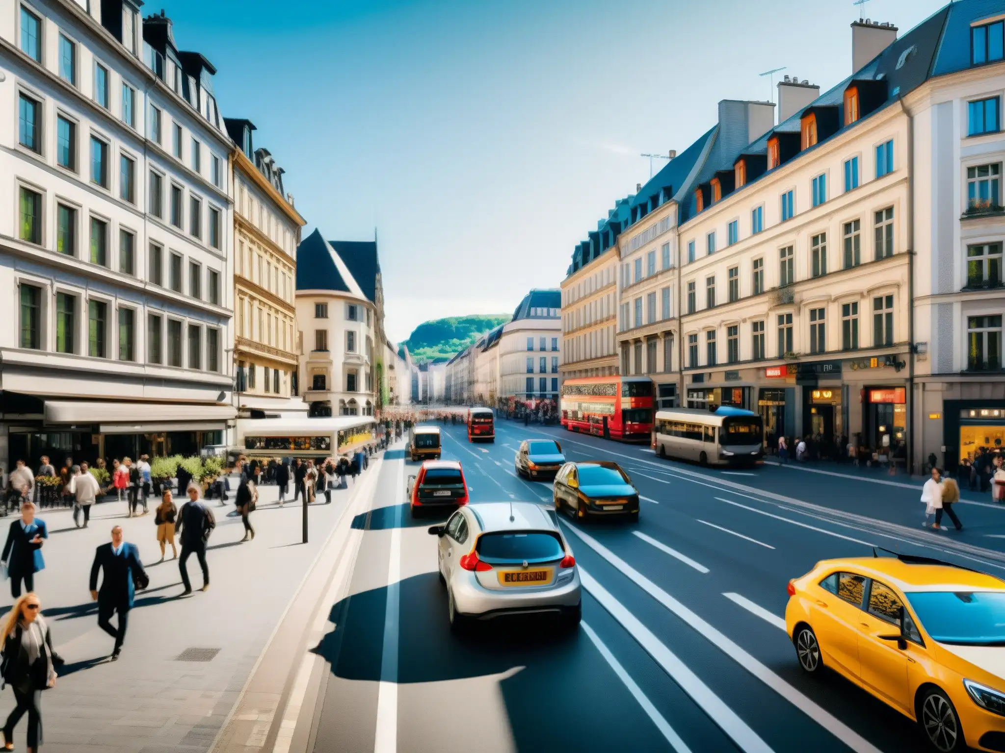 Vista detallada de una bulliciosa calle europea, con personas, coches y transporte público