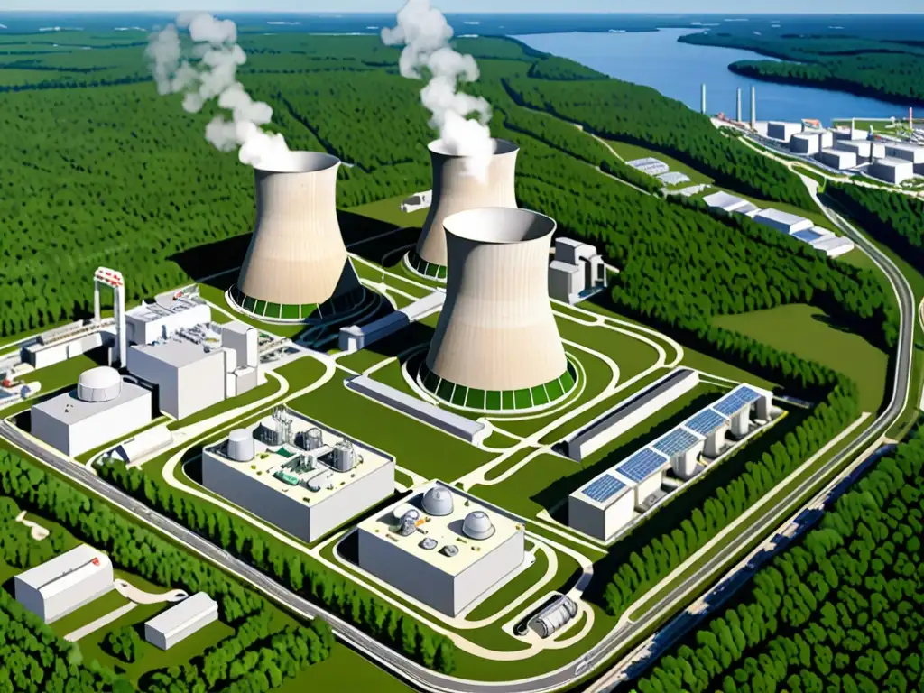 Planta nuclear: tecnología segura y naturaleza Vista detallada de una central nuclear integrada con la naturaleza, resaltando la salvaguarda ambiental en la generación de energía nuclear