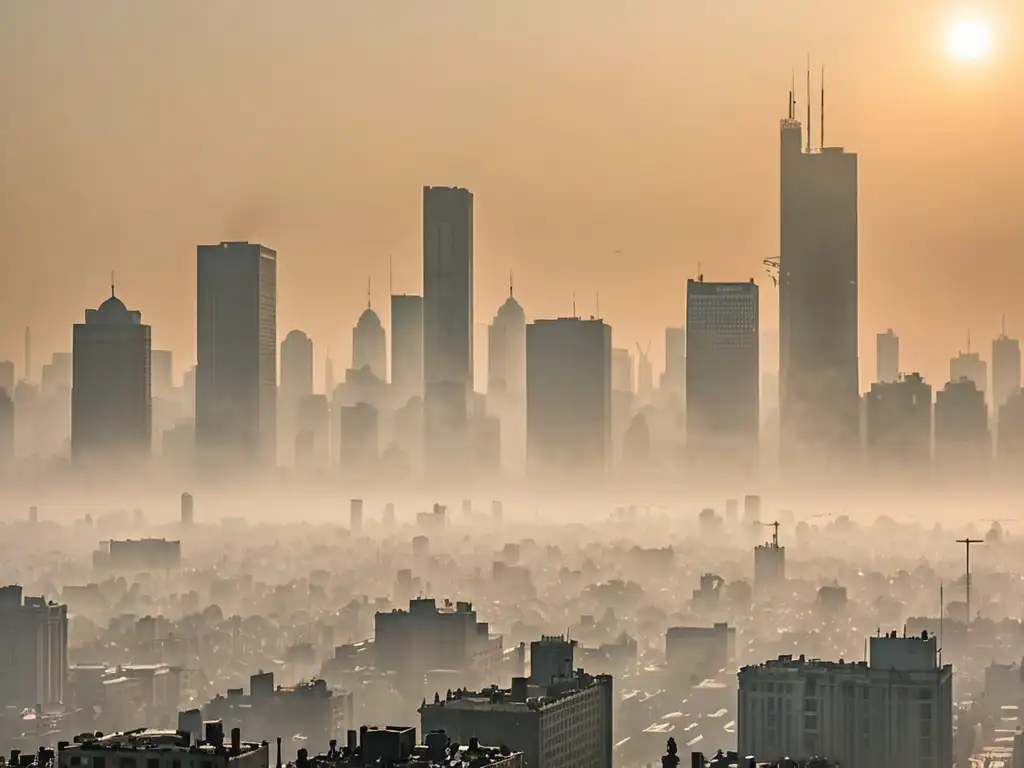 Vista detallada de la ciudad envuelta en smog, con el sol apenas visible