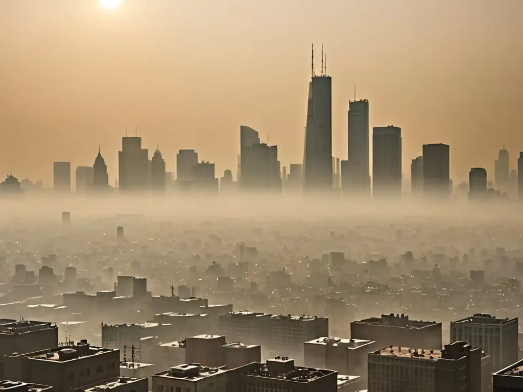 Vista detallada de la ciudad envuelta en smog, el sol apenas visible