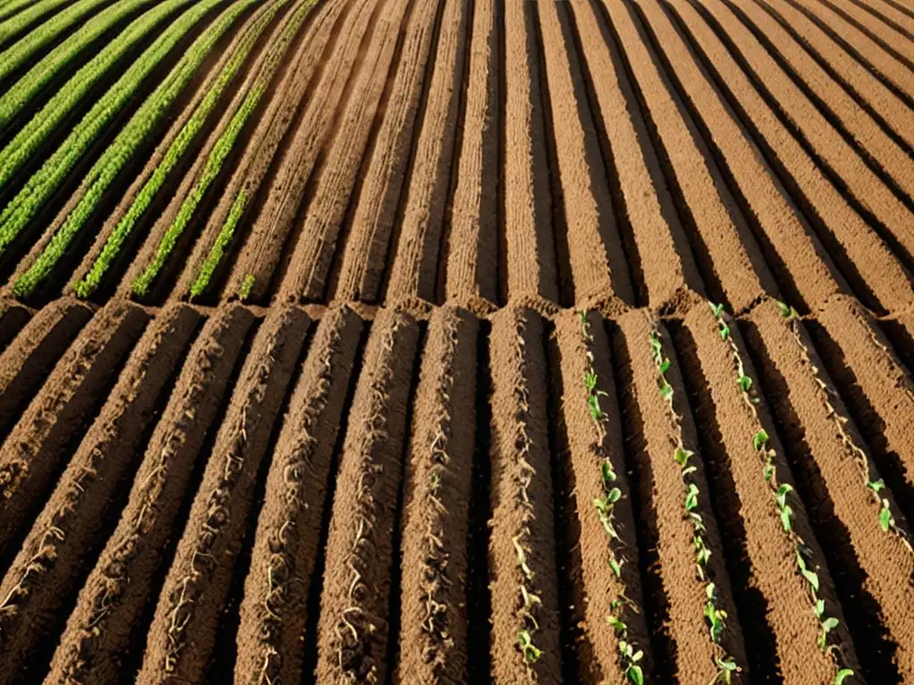 Vista detallada de cultivos genéticamente modificados en un extenso paisaje agrícola, con impacto legal en conservación de suelos