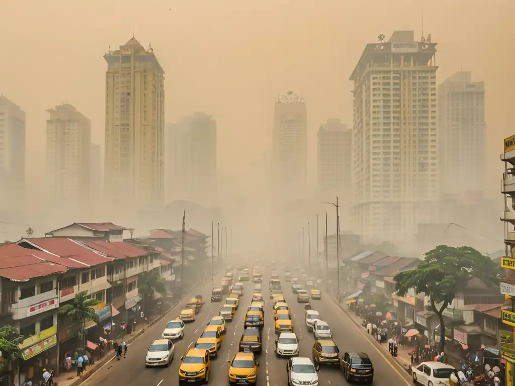 Vista detallada de la densa niebla sobre una ciudad del sudeste asiático, donde los edificios apenas son visibles entre el smog