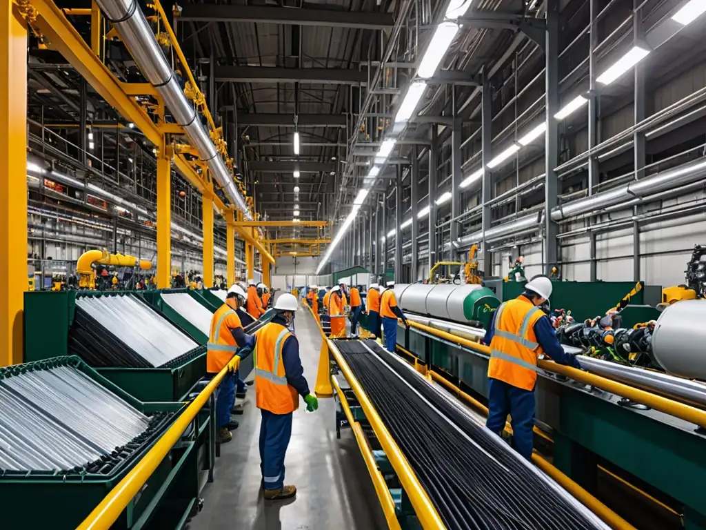 Vista detallada de una instalación industrial moderna con prácticas sostenibles y trabajadores en equipo