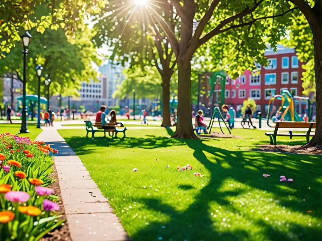 Vista detallada de un parque urbano, con césped verde exuberante y flores vibrantes bajo el sol