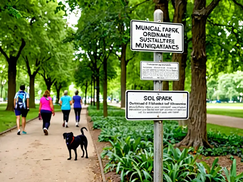 Vista detallada de un parque urbano con normativa de gestión sostenible del suelo, rodeado de vegetación exuberante y personas disfrutando