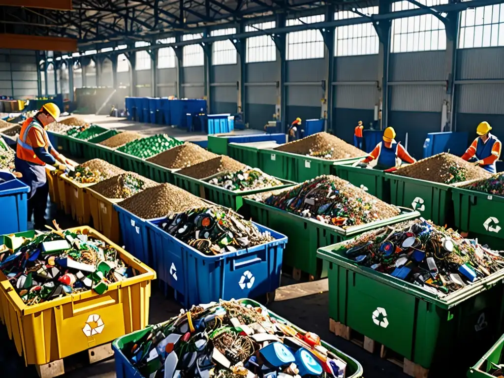 Vista detallada de planta de reciclaje con trabajadores clasificando materiales