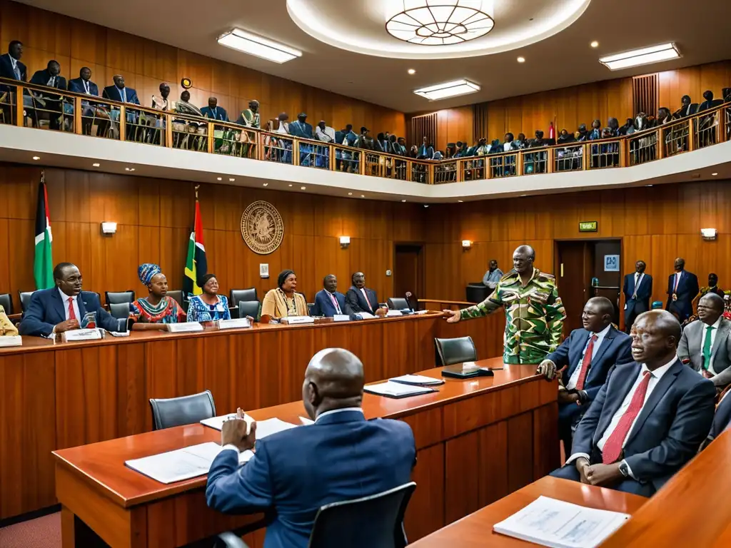 Vista detallada de una sala de tribunal en África, escenificando un conflicto legal por recursos naturales