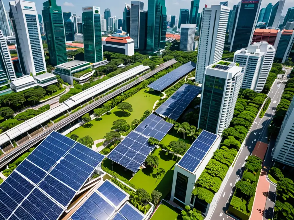 Vista detallada de Singapur: eficiencia tecnología verde en la ciudad, con rascacielos y vegetación, reflejando la legislación ambiental de Singapur