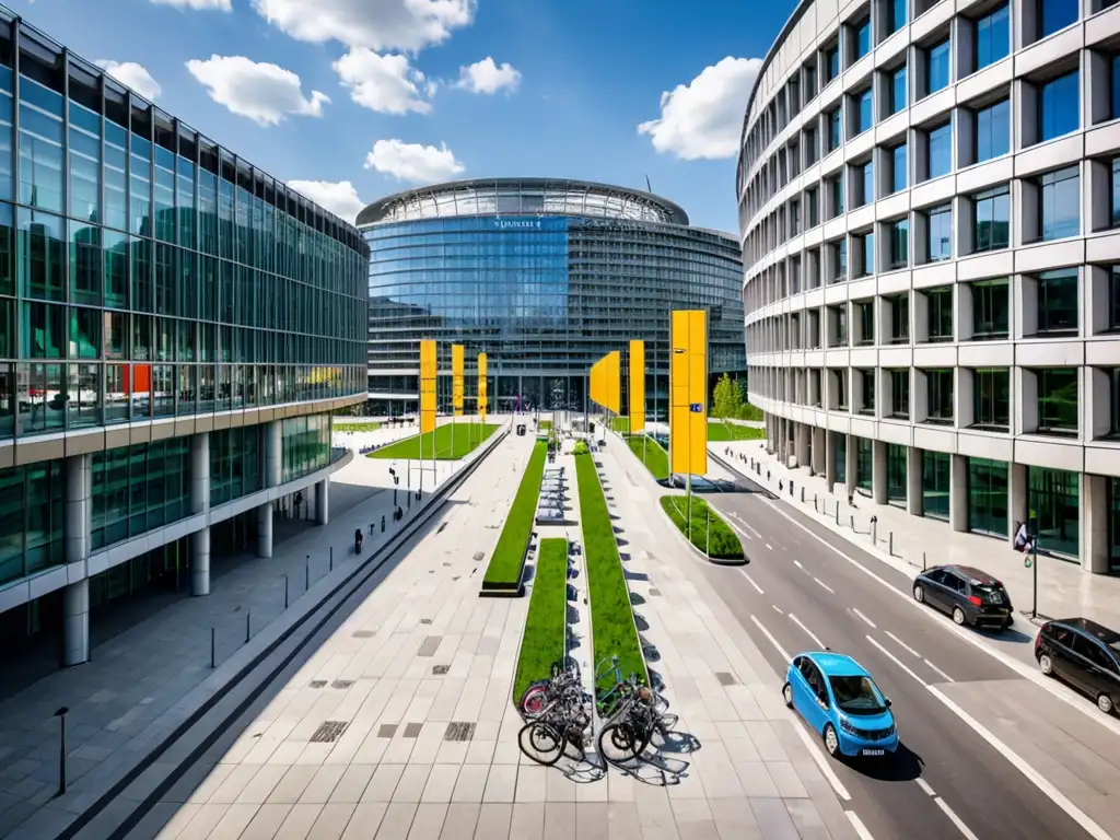 Vista del Parlamento Europeo en Bruselas, reflejando la moderna arquitectura y la vida urbana sostenible