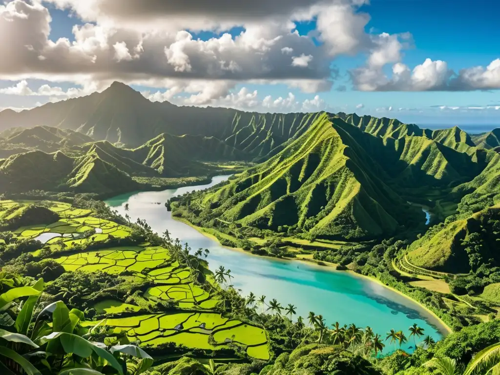 Vista exuberante de montañas en Fiji, río serpenteante y aldeas fijianas entre la vegetación