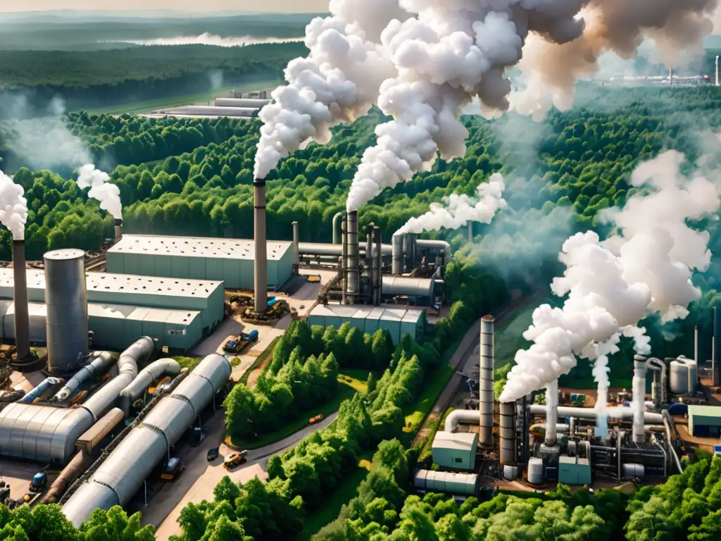 Vista de fábricas industriales emitiendo humo blanco sobre un bosque verde, con trabajadores realizando evaluaciones de impacto ambiental