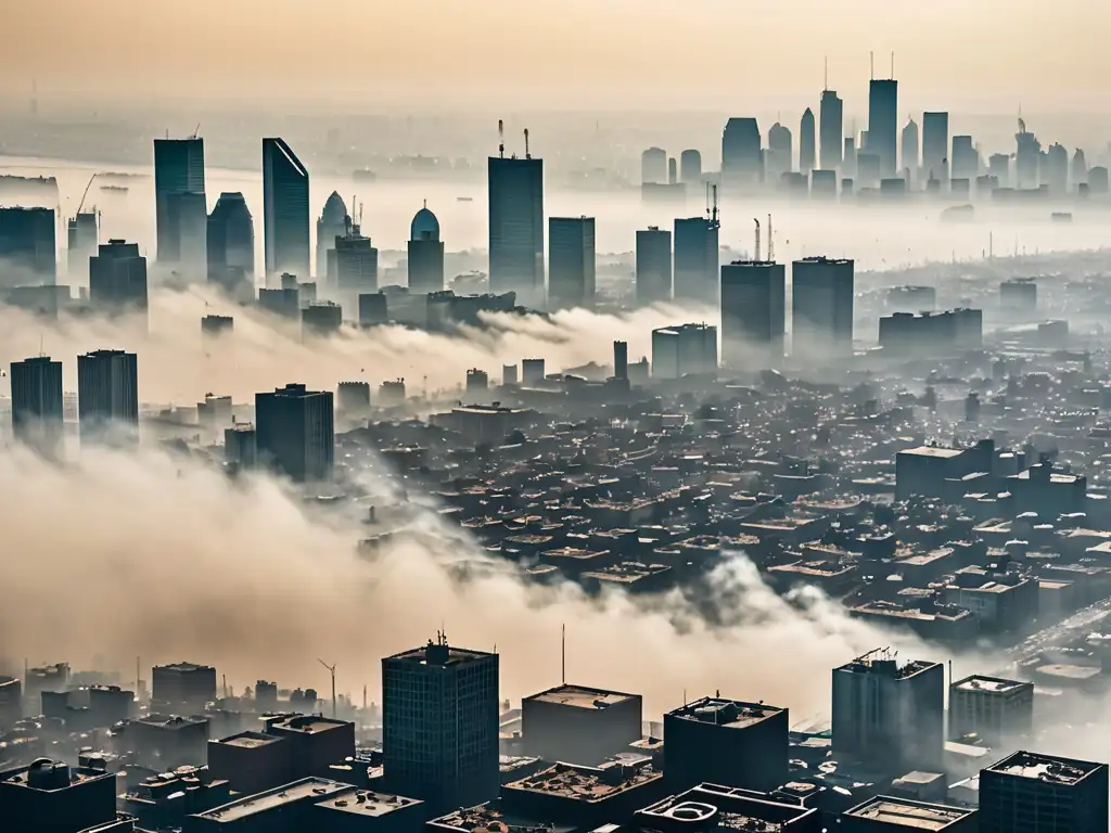 Vista impactante de una ciudad densamente poblada envuelta en smog, resaltando la necesidad de legislación para protección de la calidad del aire