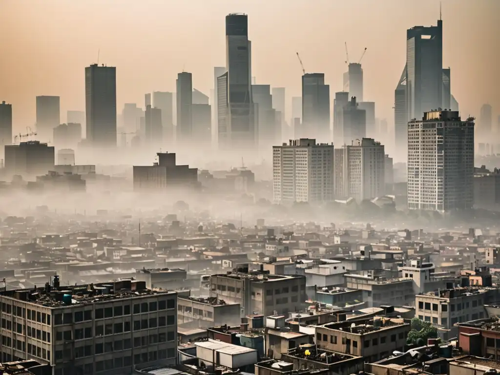 Contaminación urbana: impactante imagen del aire viciado en la ciudad Vista impactante de la contaminación del aire en una ciudad, reflejando la necesidad de normativas internacionales calidad aire país