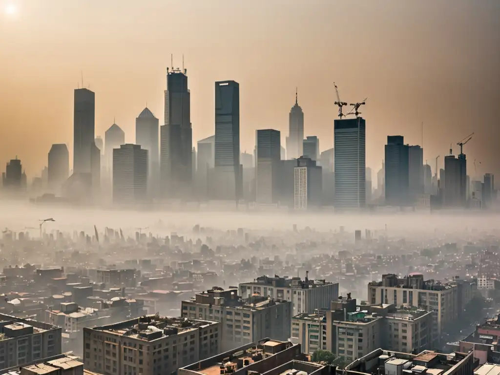 Vista impactante de la contaminación del aire en una ciudad, resaltando la necesidad de legislación calidad del aire global