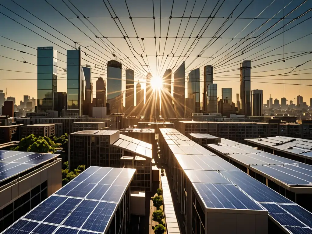 Vista impactante de paneles solares en el bullicioso horizonte urbano