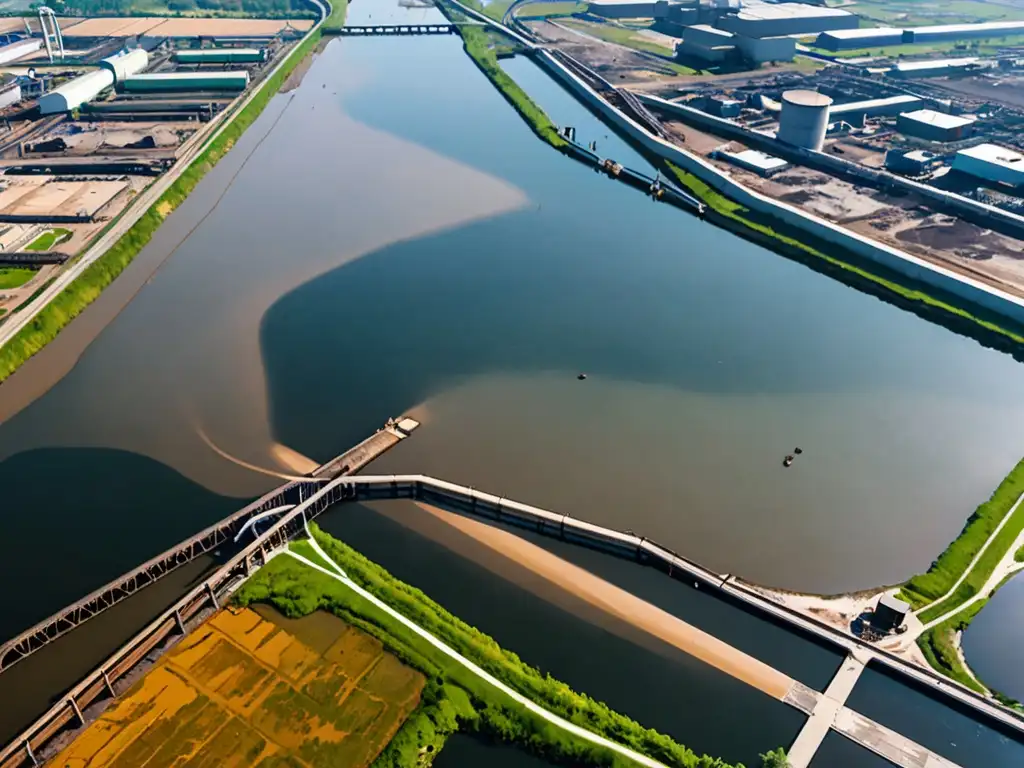 Vista impactante de un río contaminado por emisiones industriales