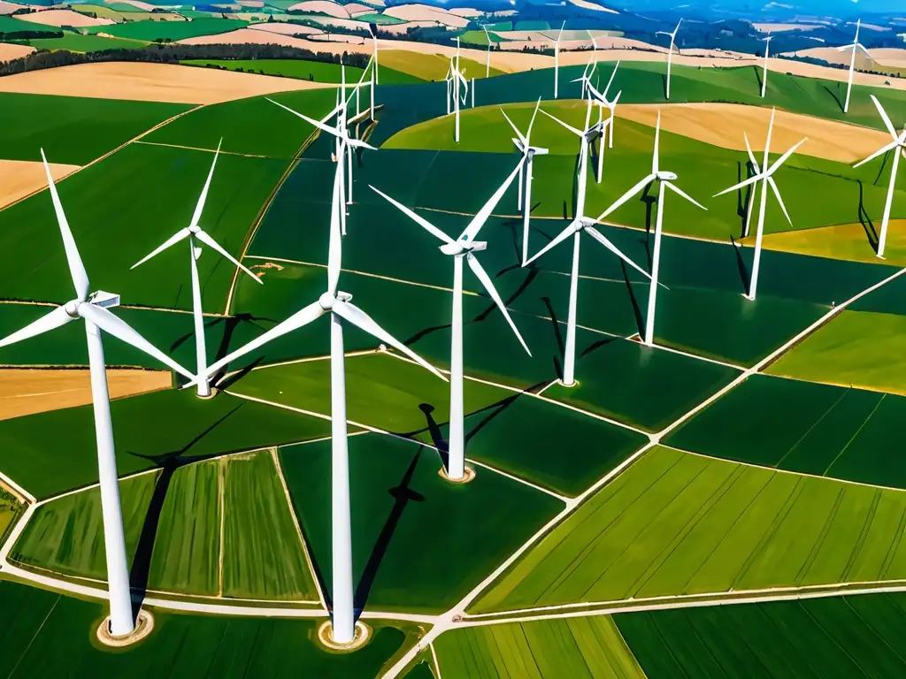 Granja eólica: Energía limpia en acción Vista impresionante de un campo eólico en colinas verdes