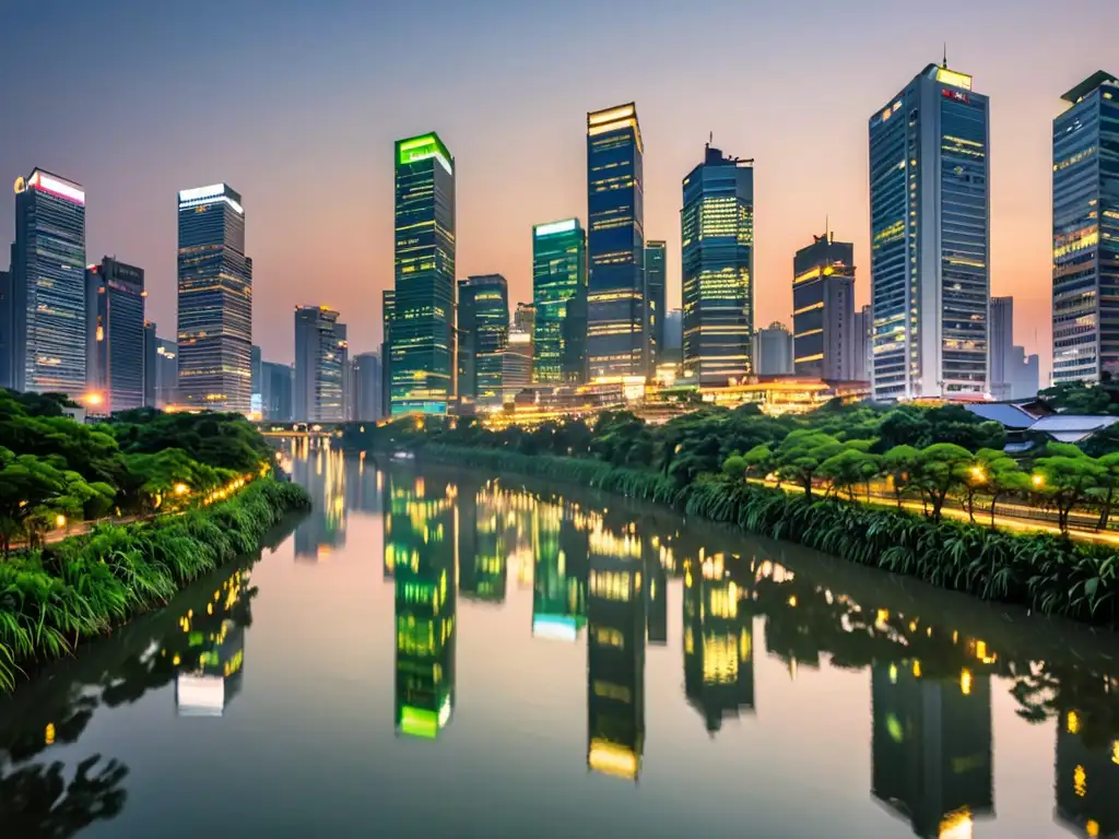 Vista impresionante de una ciudad asiática al anochecer, mostrando la relación entre urbanización y conservación