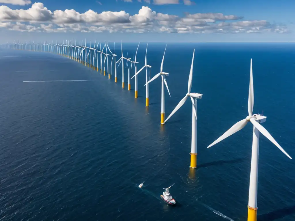 Vista impresionante de un extenso parque eólico marino, con turbinas eólicas majestuosas en el horizonte sobre aguas azules