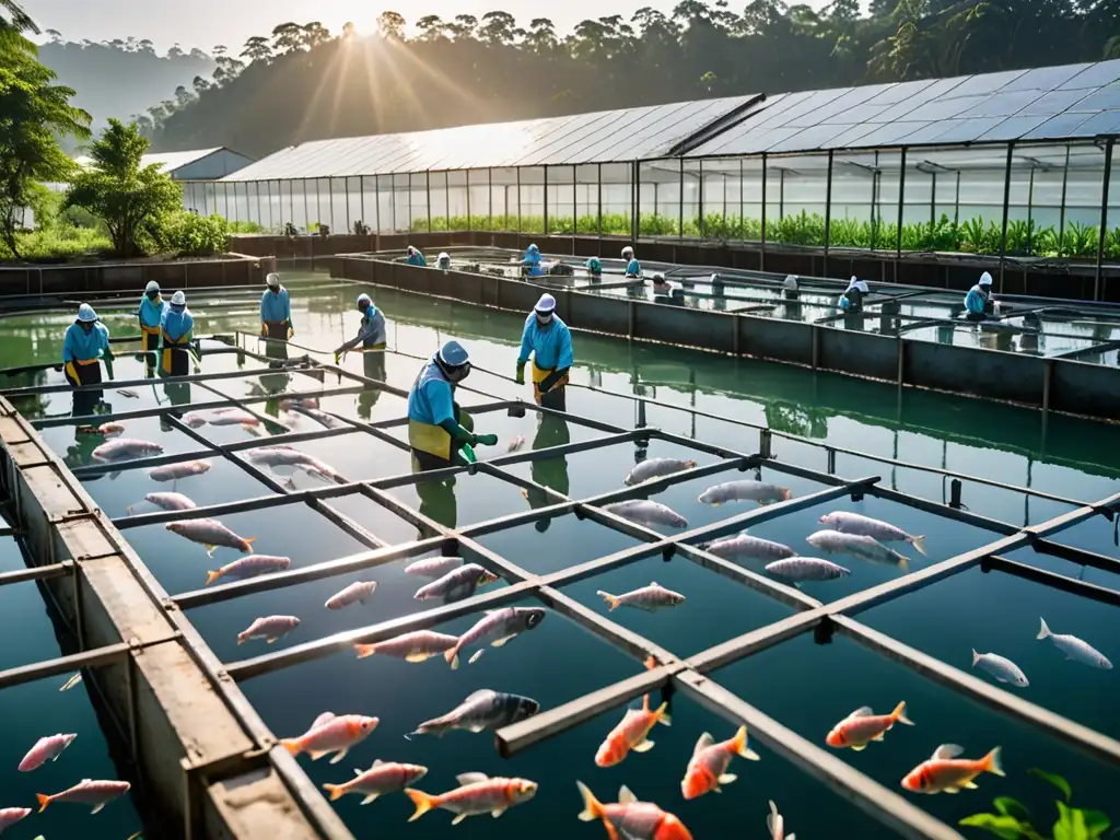 Vista impresionante de una granja acuícola sostenible con trabajadores monitoreando peces