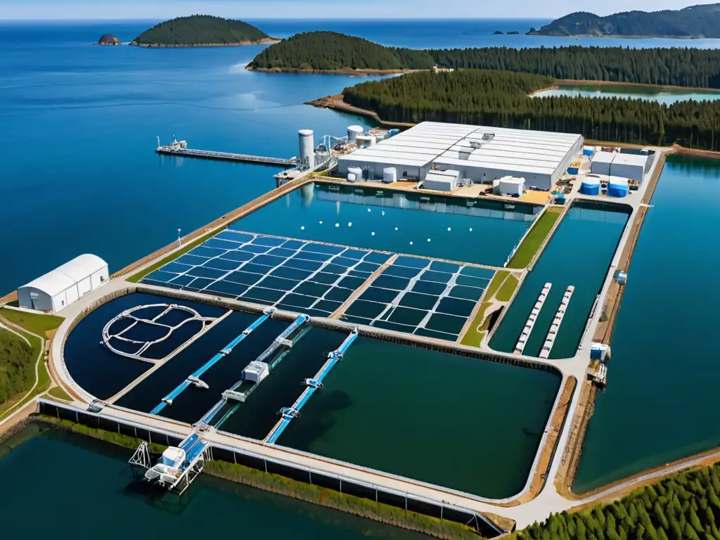 Vista impresionante de una moderna instalación de acuicultura biotecnológica en armonía con el mar