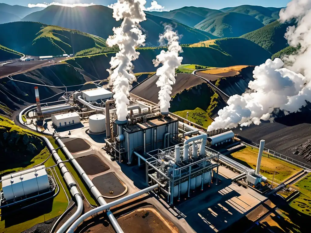 Vista impresionante de planta geotérmica en paisaje montañoso, con vapor y maquinaria